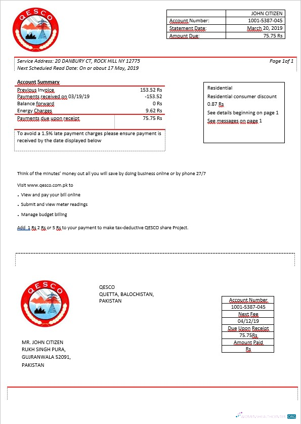 download download Pakistan Quetta Electric Supply Company electricity bill in Word format